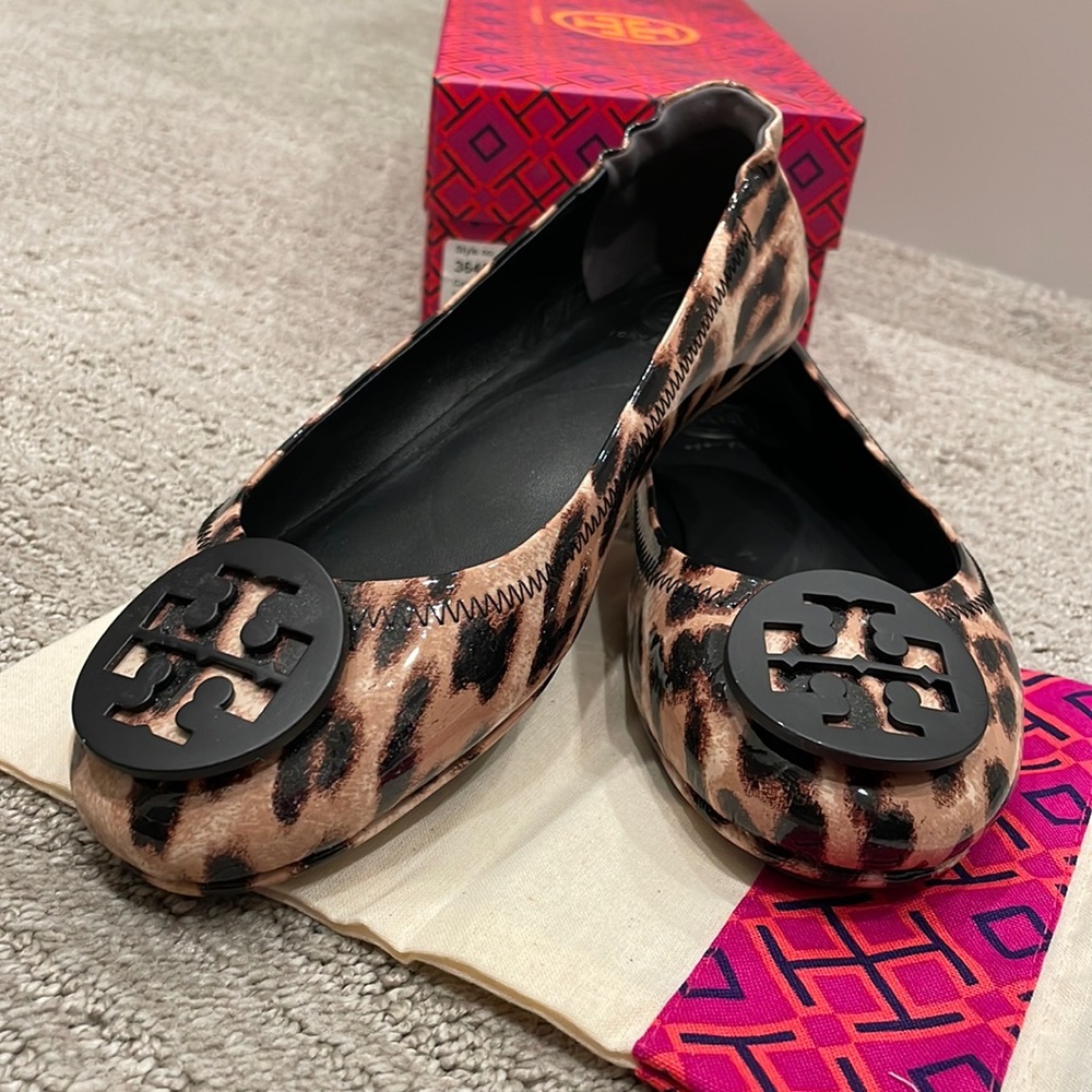Tory Burch Leopard Print Flats with Black Logo